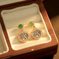 Vintage gold coin earrings with green gemstone and white zircon accents for women - 18K Gold Antique Silver Coin Earrings with Green Stone and 925 Silver Post