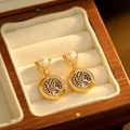 Vintage style gold-plated earrings with pearls and embossed coin pendants in a box - 18K Gold Antique Silver Coin Earrings with Freshwater Pearl and 925 Silver Post