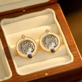 Vintage coin earrings with white enamel, blue gemstones and gold-tone finish - 18K Gold Antique Silver Coin Earrings with White Enamel and 925 Silver Post