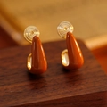 Vintage caramel enamel u-shaped ear clips with golden spiral disc for non-pierced ears - 14K Gold Dark Coffee