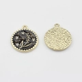 Detailed view of alloy flower coin pendant with black enamel and sparkling rhinestones - Black-Gold