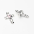 Detail of silver textured cross pendant with pink heart zircon and honeycomb back - Lava Texture Cross Heart Pendant (Silver-Pink Zircon) / Silver-Pink Zircon