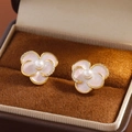Pink enamel flower stud earrings with pearl center and crystals in a golden setting - Pink and White (16K Gold Plated)