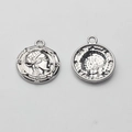 Macro view of silver coin pendant featuring a classic relief portrait and grainy metal texture - Silver