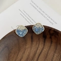 Boucles d'oreilles carrées dorées avec incrustation de cristal bleu et blanc sur bois - Or 14K Bleu