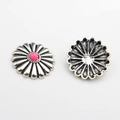 Detailed front and back view of silver alloy sunflower conchos with pink resin stone center - Pink