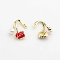 Detail of gold metal rose flower and pearl earring charms for DIY jewelry making - Red-Left