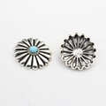 Detailed front and back view of vintage daisy metal charm with blue turquoise inlay - Sky Blue