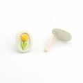Detail view of 3D tulip flower stud earrings featuring white scalloped borders - White