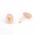 Detailed front and back view of pink tulip button earrings with wavy edges and metal posts - Pink