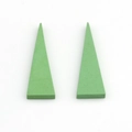 Detail view of grass green isosceles triangle wooden pendants with matte finish texture - Green