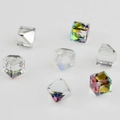 Macro detail of faceted crystal glass square beads in iridescent colors for DIY jewelry - 6mm / Transparent Iridescent