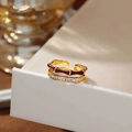 Bague ouverte double couche dorée avec émail bambou et détails en zircon rectangulaire - Or 18K Rouge Vin (Bague Ouverte)