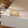 Bague ouverte double couche avec émail blanc design bambou et zircons plaqués or - Or 18K Blanc Nacré (Bague Ouverte)