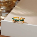 Bague ouverte double couche avec émail vert motif bambou et oxydes de zirconium baguettes - Or 18K Vert Foncé Transparent (Bague Ouverte)