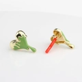 Detail view of melting heart earrings with green enamel and gold alloy finish - Green