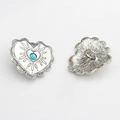 Front and back detail of vintage heart alloy button with lace edge and blue center bead - Blue