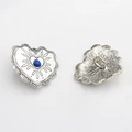 Detailed front and back view of retro silver heart buttons with blue center stones for DIY - Sapphire Blue