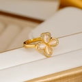 Exquisite gold-plated four-leaf clover ring with cat-eye stone petals and crystal accents - 18K Gold