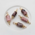 Macro detail of 14K gold-plated double-loop natural stone pendants with marble texture - 22*6mm-24*7mm / Rhodonite