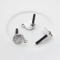 Detail view of silver alloy round earring posts with vintage textured grid and hanging loop - Antique Silver