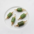 Detailed view of green natural jadeite cylindrical charms with 14K gold-plated connectors - 22*6mm-24*7mm / Canadian Jade