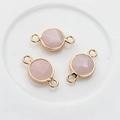 Three round pink quartz crystal connectors with gold plated edges for jewelry making - Pink