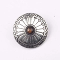 Macro view of vintage silver floral round zinc alloy button with brown tiger eye bead - Dark Brown