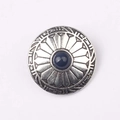 Detailed view of vintage zinc alloy flower button with center blue cabochon gem - Dark Blue