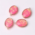 Pink oval glass pendant beads with gold metal frames for DIY jewelry making - Fluorescent Pink (03)