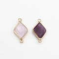 Detail of rhombic natural stone charms with gold plating and double rings for DIY jewelry - Amethyst Color (09)