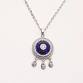 Detailed silver pendant with blue evil eye stone and micro-inlaid crystals - Sapphire Blue