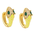 Detail of gold snake earrings with yellow enamel, white pavé stones and green gem eyes - Yellow