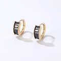 Gold plated hoop earrings with three rectangular black zircons and textured edges - 16K Black