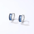 Silver huggie earrings featuring baguette-cut deep blue zircon stones in a row - Silver-Royal Blue Zircon