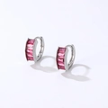 Silver hoop earrings featuring rectangular pink zircon stones in a classic huggie style - Silver-Rose Red Zircon