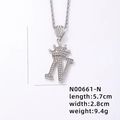Silver hip hop crown initial N pendant with white cubic zirconia and rope chain - Silver Letter N