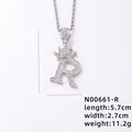 Silver crown letter R pendant necklace with pavé cubic zirconia for hip hop style - Silver Letter R