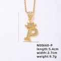 Collana con ciondolo a lettera P dorata con corona, zirconi e catena a corda - Lettera P (N00660-P)