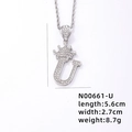 Silver crown letter U pendant with micro-pave zircons and twisted rope chain necklace - Silver Letter U