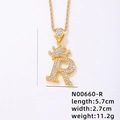 Collana con corona iniziale R placcata in oro e zirconi con catena a corda - Lettera R (N00660-R)