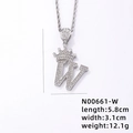 Hip hop crown initial W necklace with white zircon pavé and rope chain in silver finish - Silver Letter W