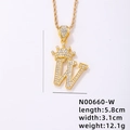 Pendente lettera W placcato oro con corona e zirconi su una catena a corda - Lettera W (N00660-W)