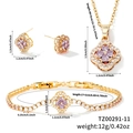 Golden clover jewelry set with purple heart stones and white crystals featuring necklace and earrings - Gold Purple Zirconia Style (TZ00291-11)