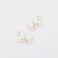 Close-up of white enamel unicorn charms with pink mane and blue saddle for DIY jewelry - White Double Hanging Horse