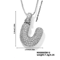 Chunky silver letter U pendant necklace with sparkling cubic zirconia on box chain - Silver White Rhinestone-U