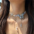 Chic butterfly fringe necklace with blue wings, purple beads and teardrop crystals - Silver Blue Butterfly