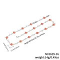 Silver necklace with orange four-petal flower charms and white leaf accents - Orange Flower Silver Chain (N01639-16)