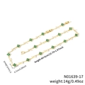 Elegant gold necklace with green clover and sparkling zircon leaf charms for women - Green Clover White Zircon Gold Chain (N01639-17)