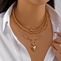 Layered gold necklace set with chunky chains, OT toggles and a heart pendant charm - Gold Heart Pendant Layered Necklace (NC25Y1044-1)